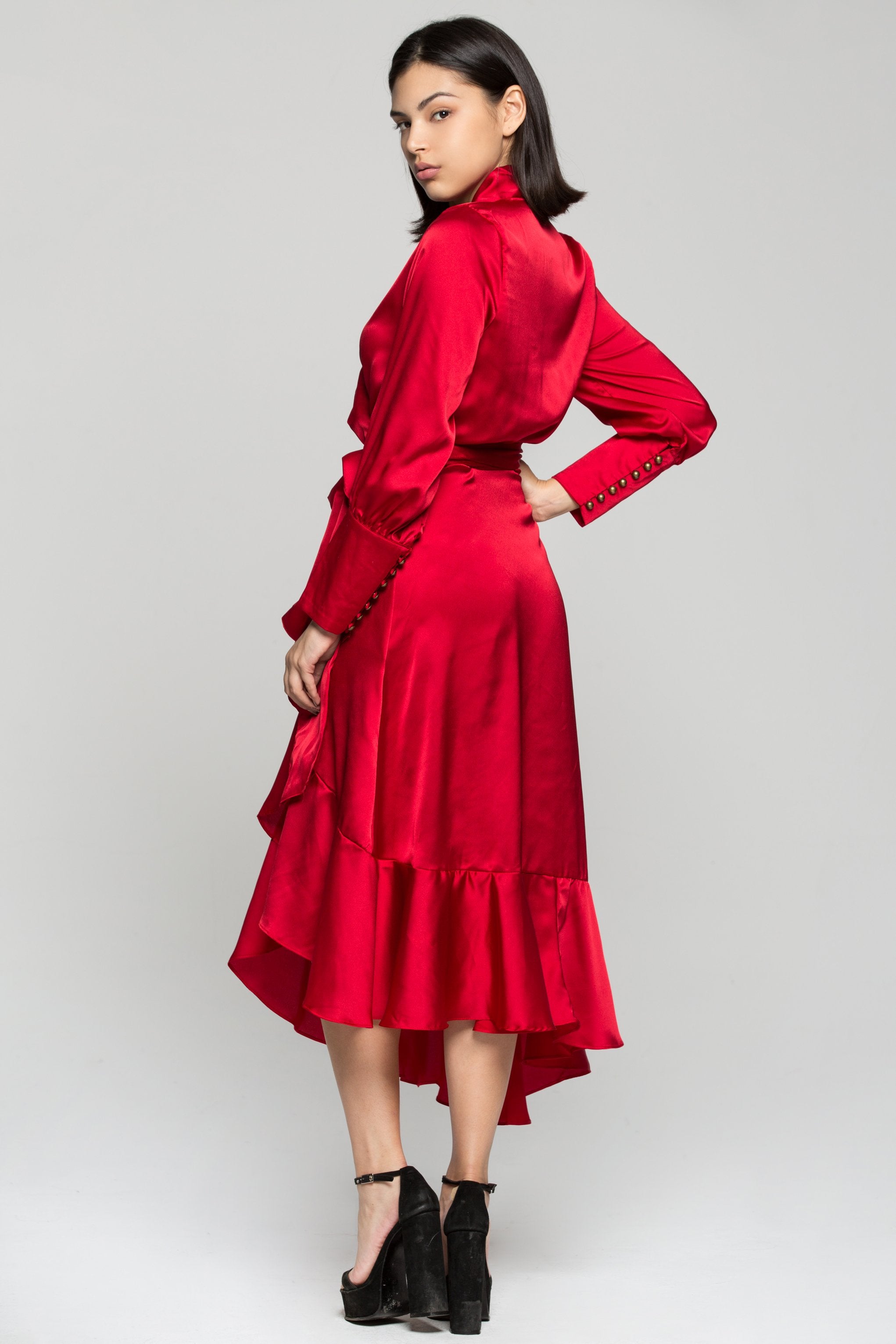 Red Silk Wrap Around Asymmetrical Ruffles Midi Dress - ownthelooks-Development