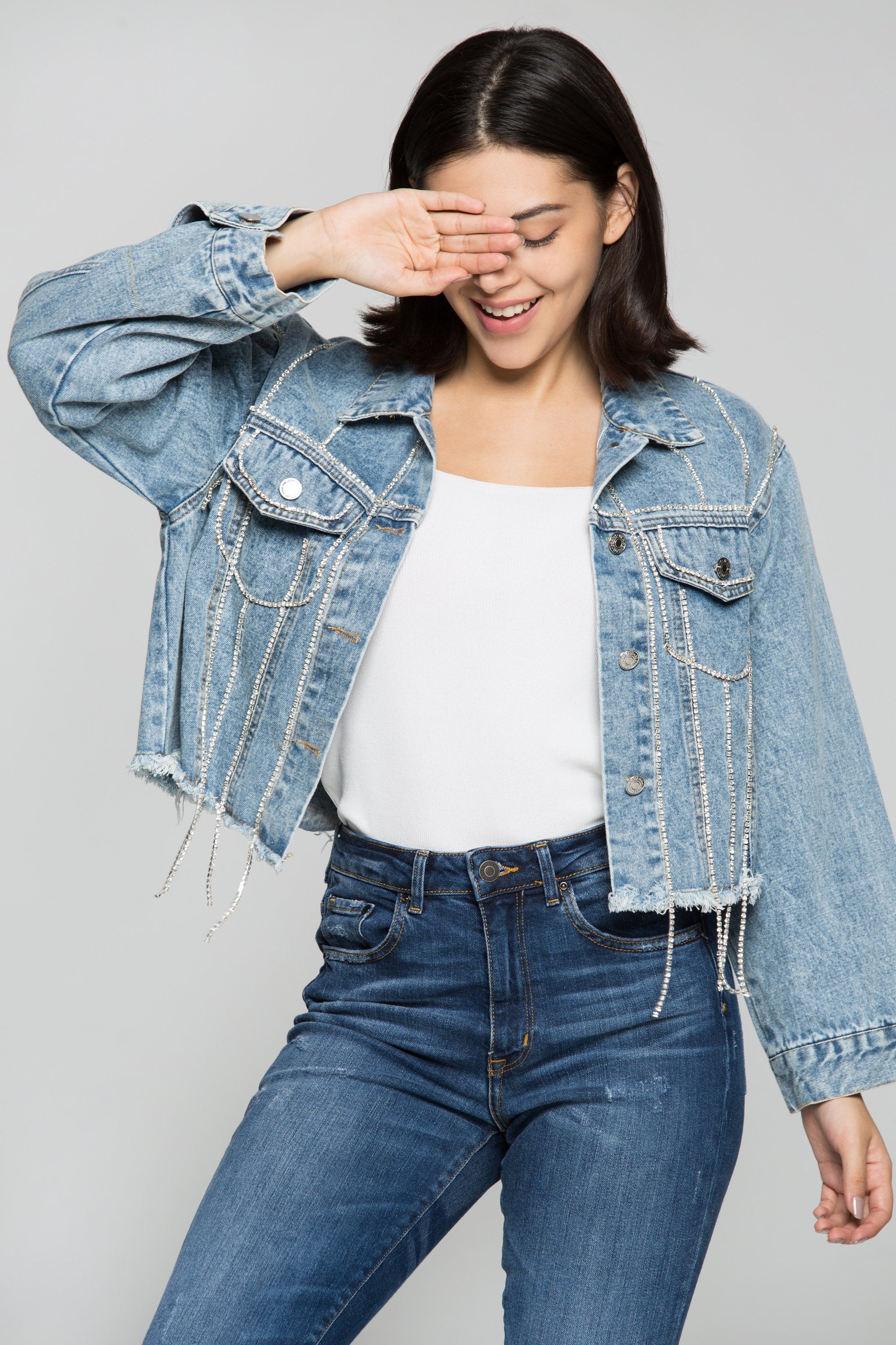 Sapphire Blue Diamond Studded Denim Jacket - ownthelooks-Development