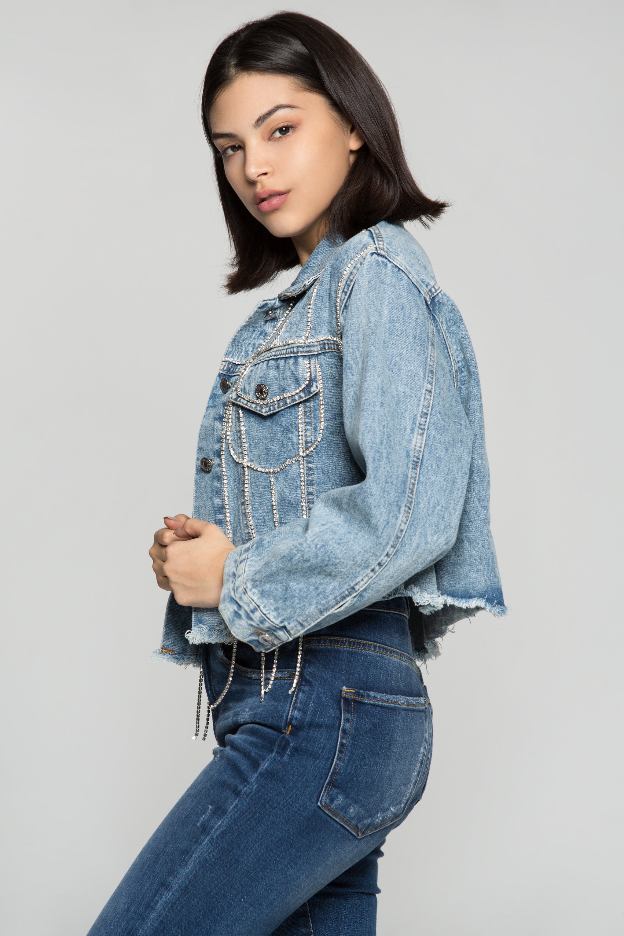 Sapphire Blue Diamond Studded Denim Jacket - ownthelooks-Development