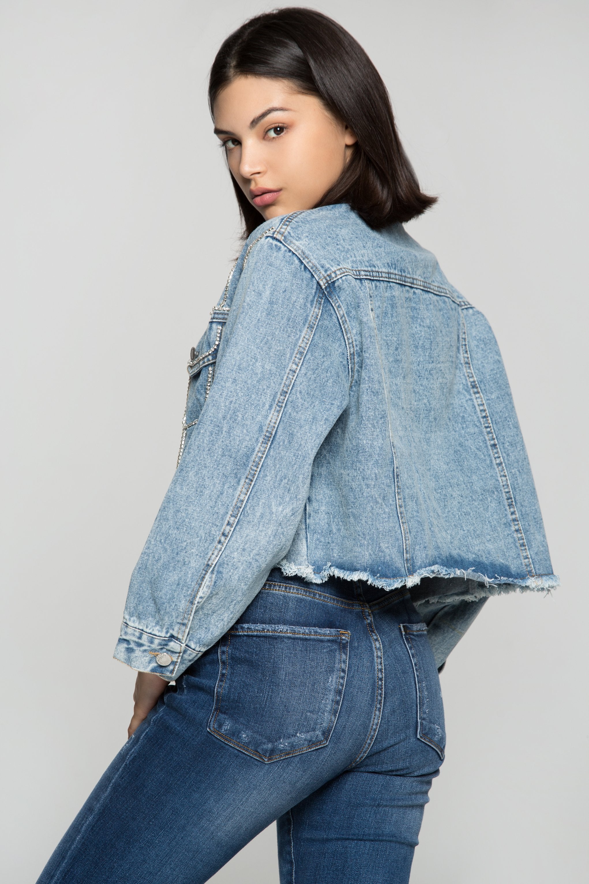 Sapphire Blue Diamond Studded Denim Jacket - ownthelooks-Development