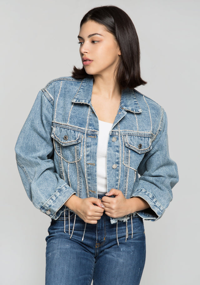 Sapphire Blue Diamond Studded Denim Jacket - ownthelooks-Development