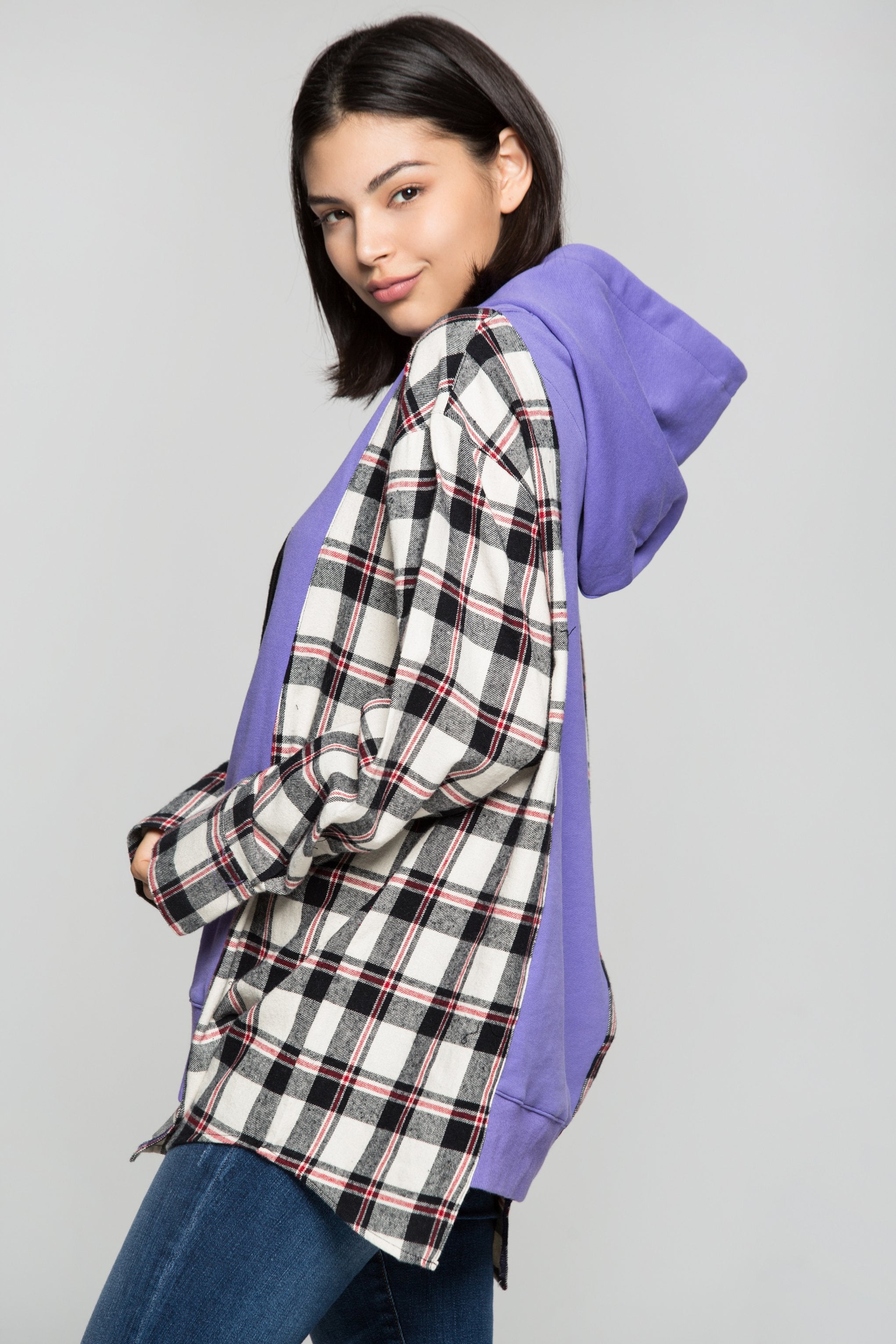 Purple Drawstring Hooded Tartan Print Jacket - ownthelooks-Development