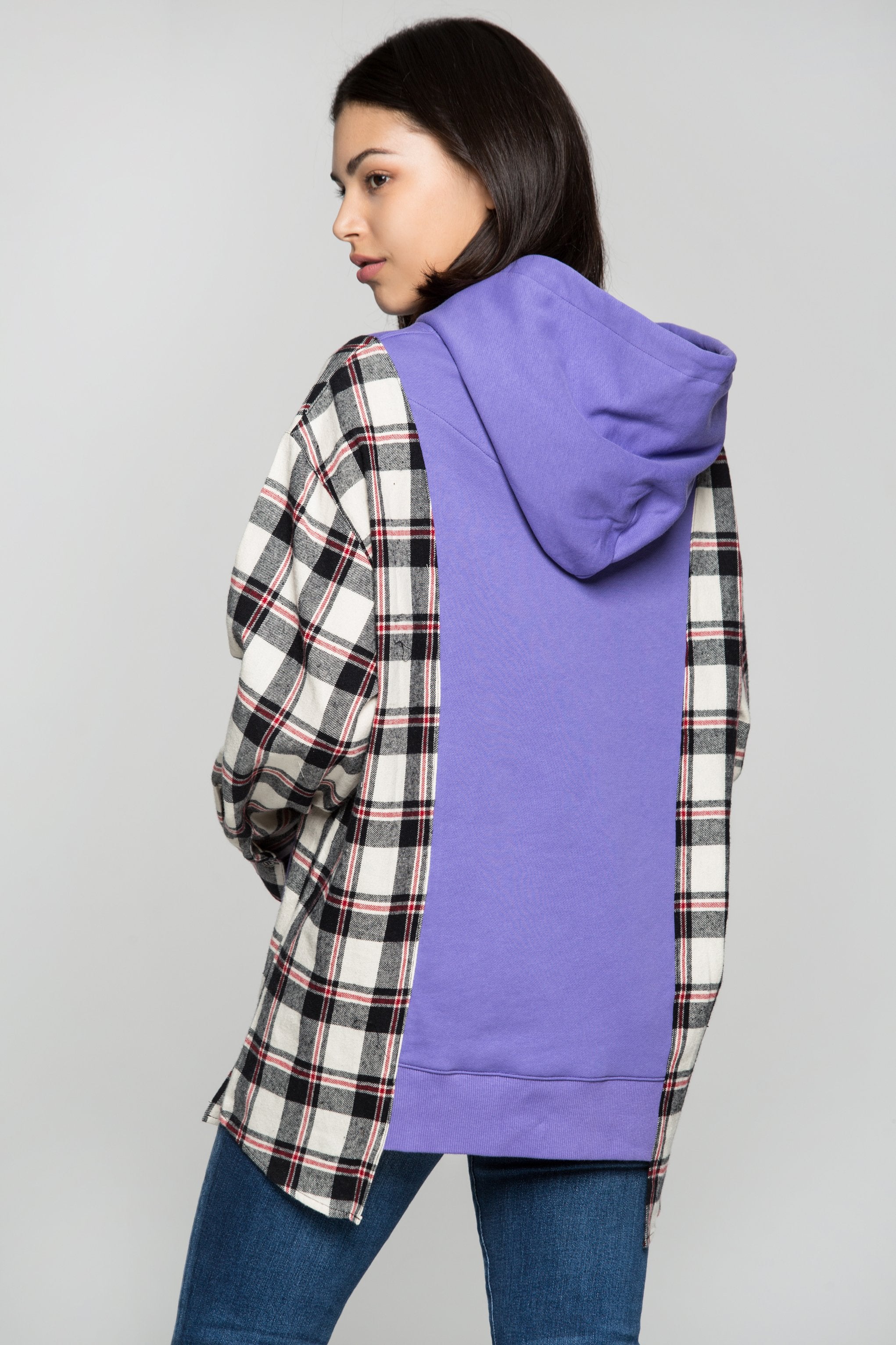 Purple Drawstring Hooded Tartan Print Jacket - ownthelooks-Development