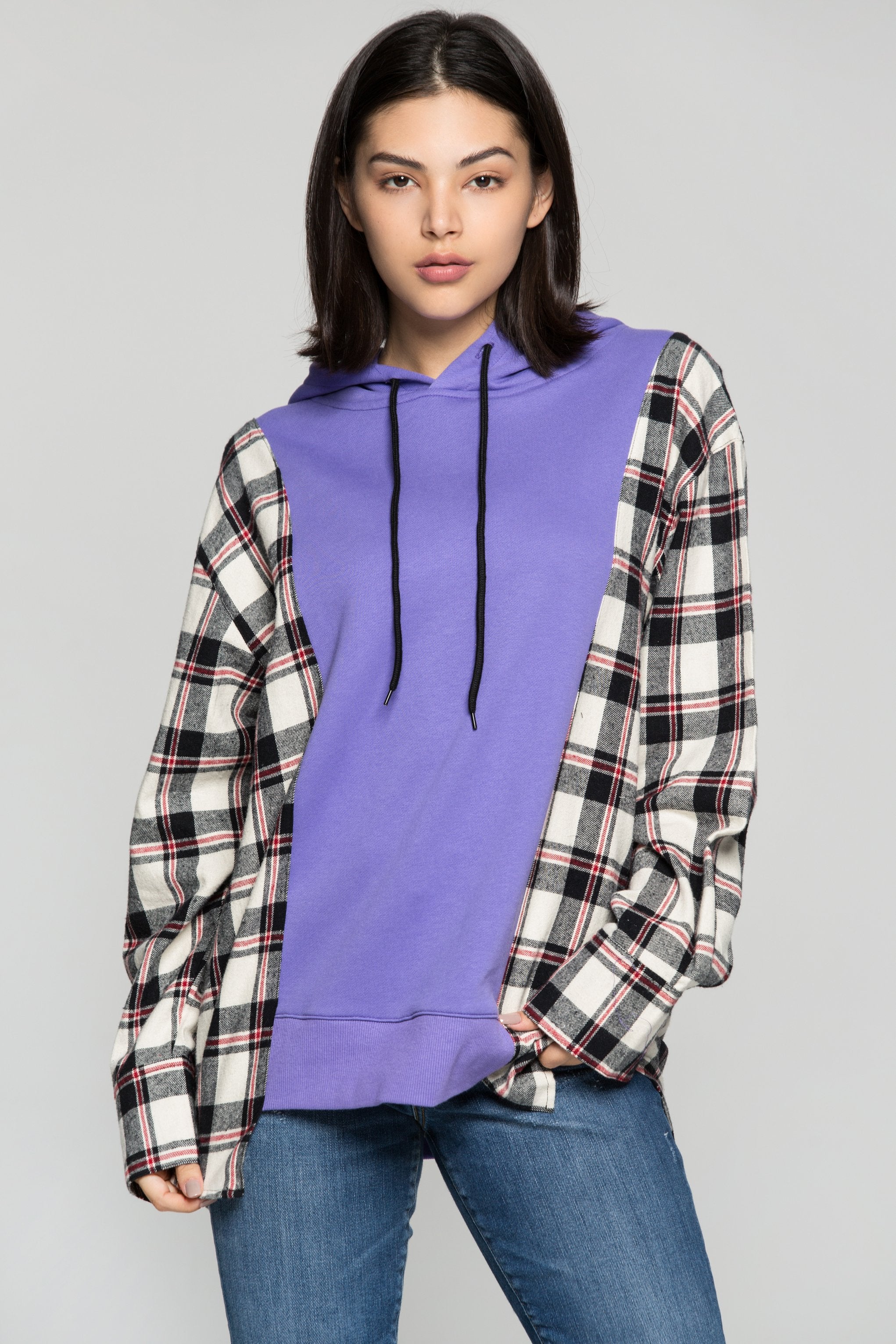 Purple Drawstring Hooded Tartan Print Jacket - ownthelooks-Development