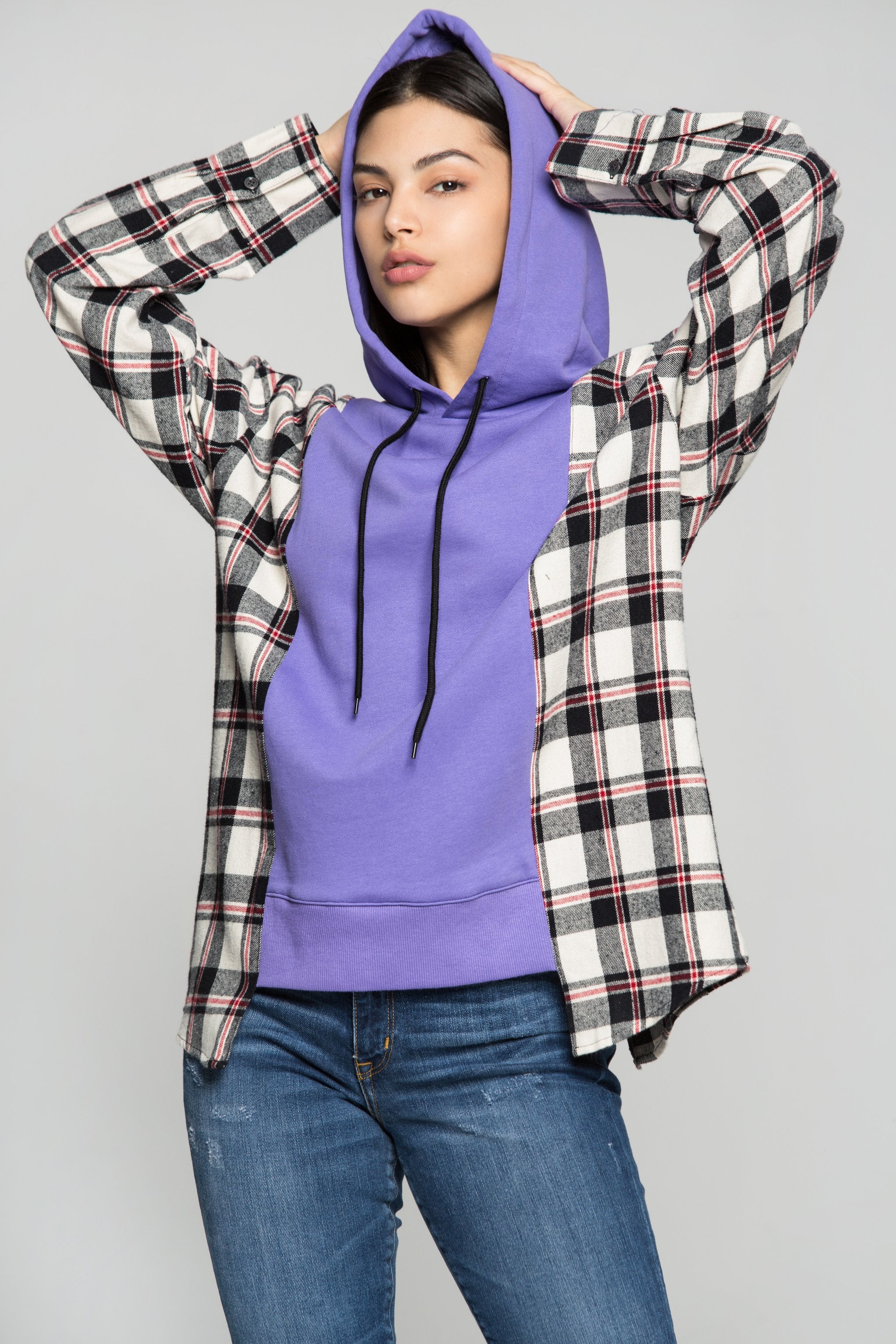 Purple Drawstring Hooded Tartan Print Jacket - ownthelooks-Development