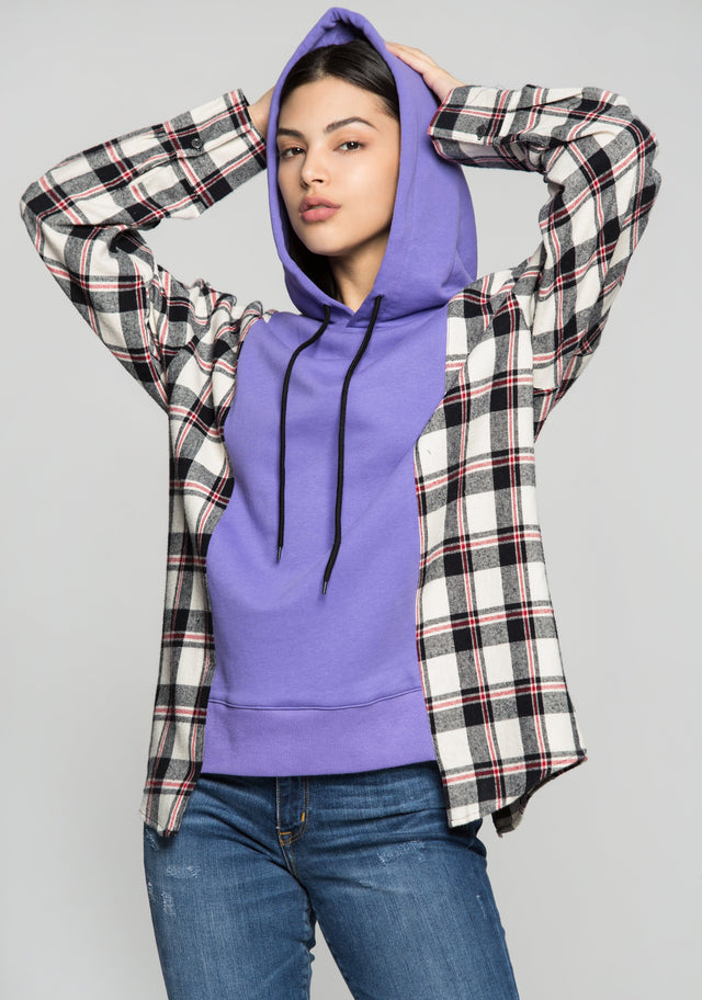 Purple Drawstring Hooded Tartan Print Jacket - ownthelooks-Development