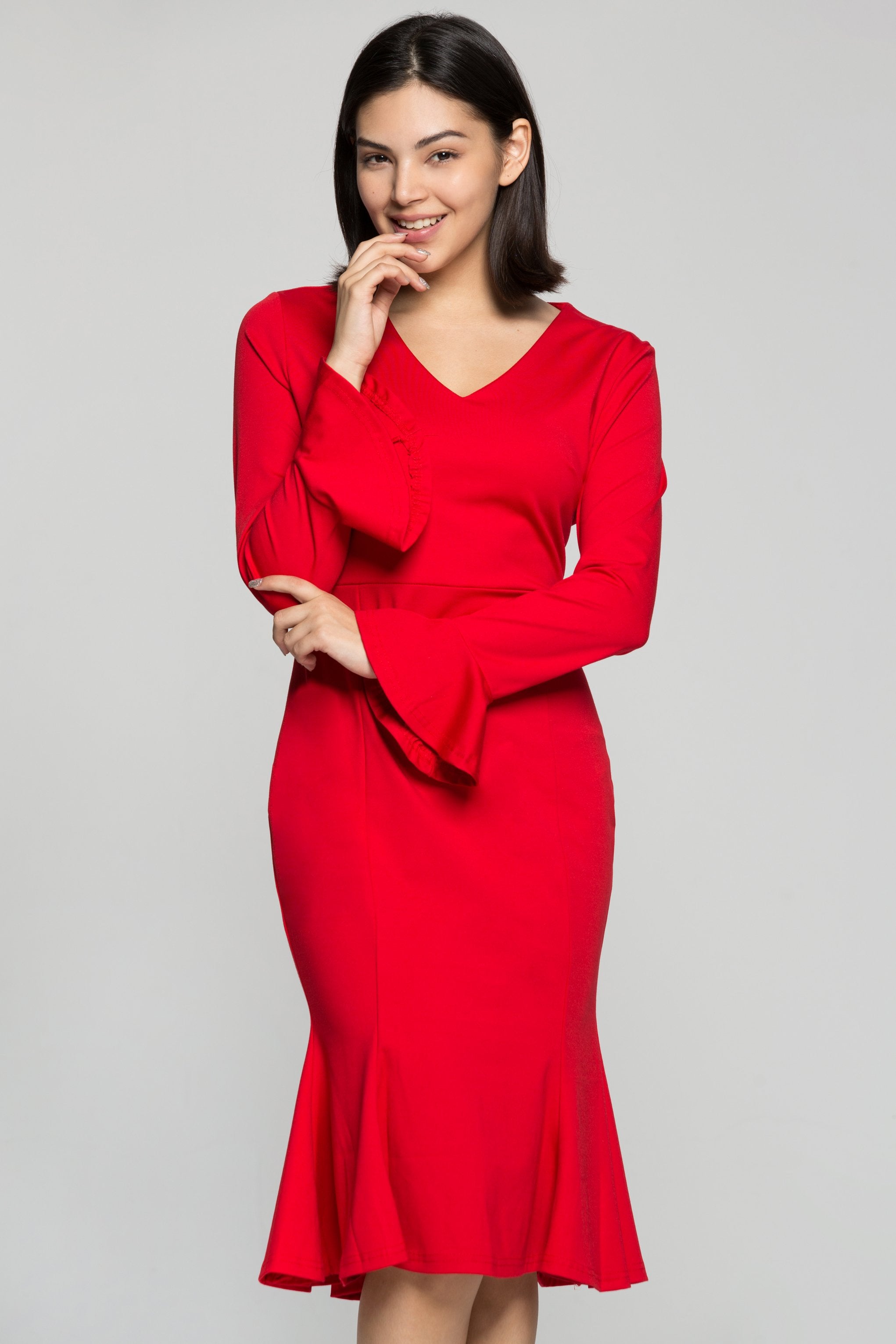 Scarlet Red Mermaid Bodycon Midi Dress - ownthelooks-Development