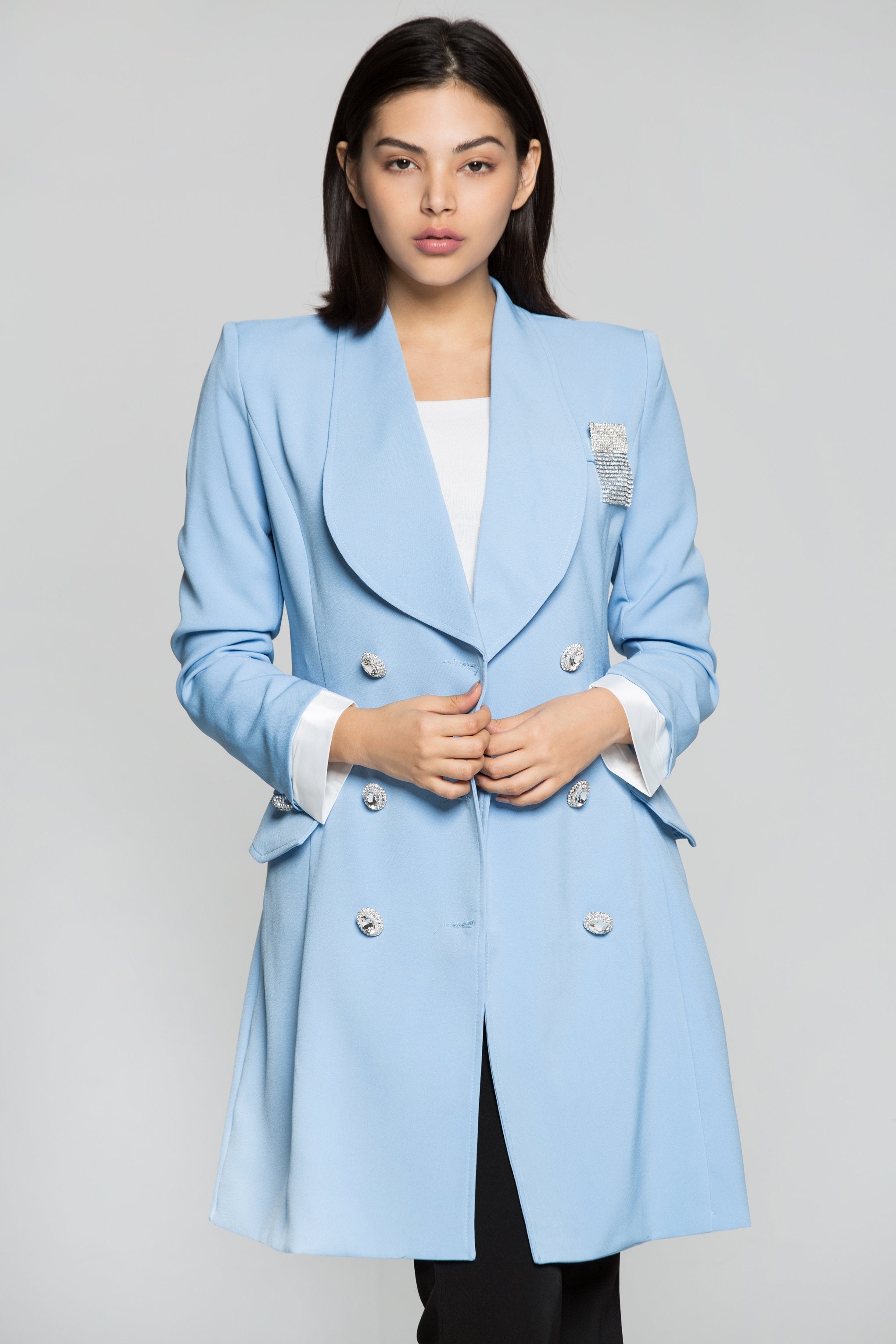 Sky Blue Double Breasted Diamond Encrusted Blazer Dress - ownthelooks-Development