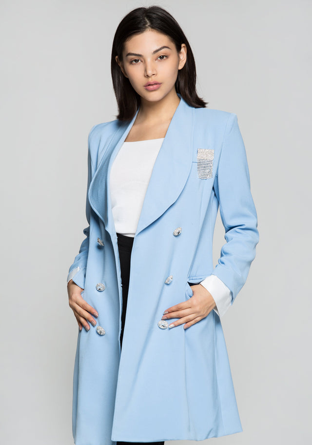 Sky Blue Double Breasted Diamond Encrusted Blazer Dress - ownthelooks-Development