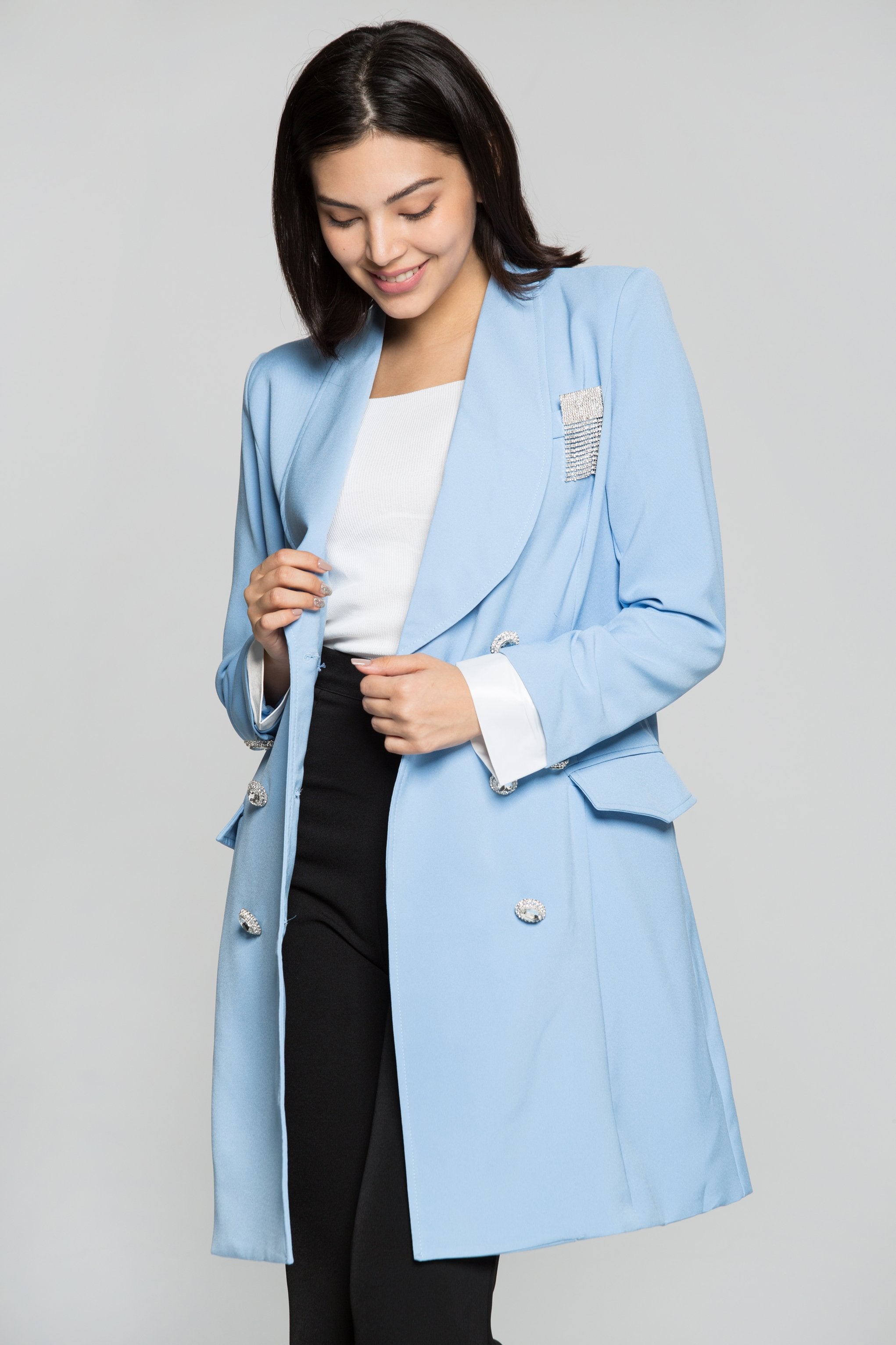 Sky Blue Double Breasted Diamond Encrusted Blazer Dress - ownthelooks-Development