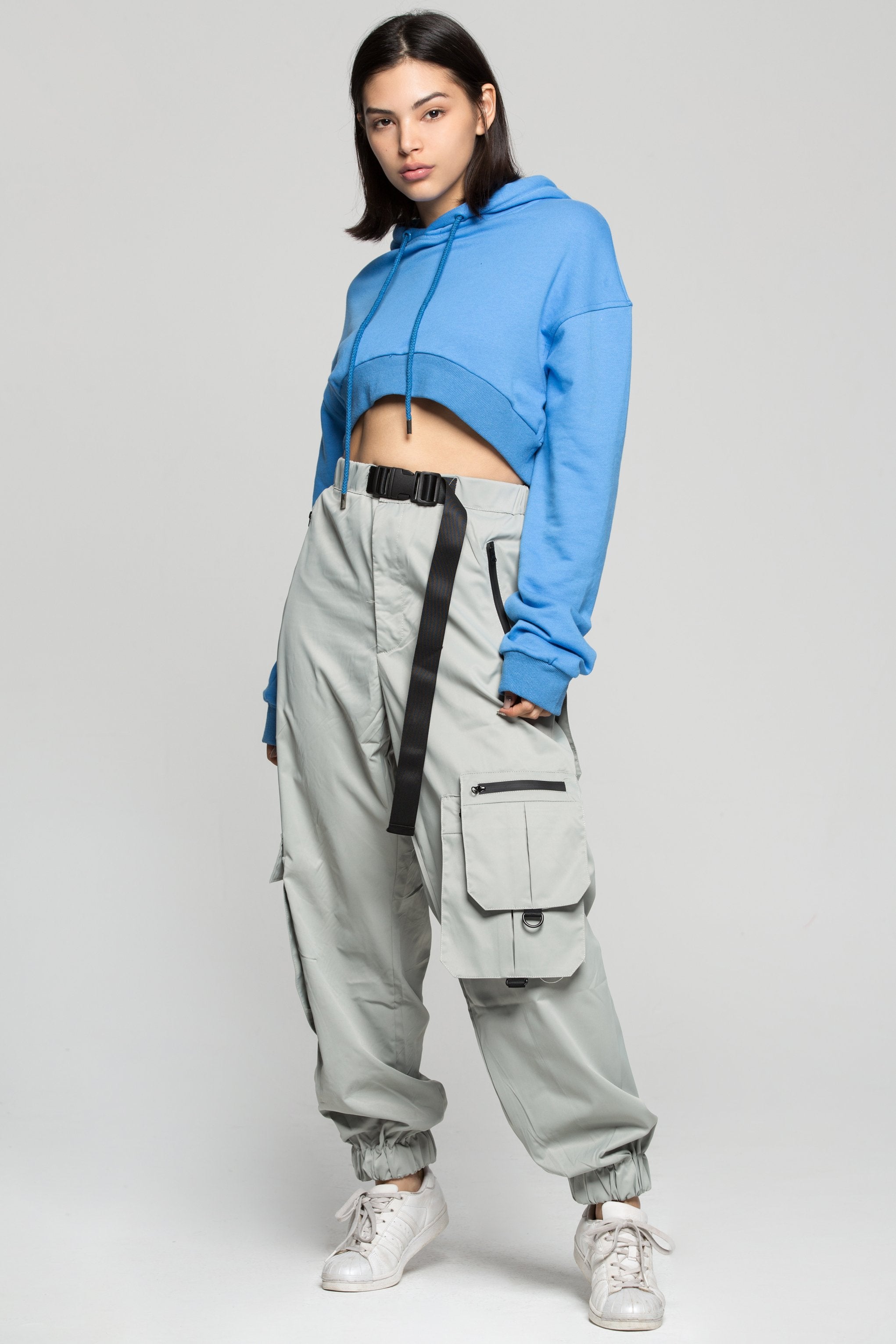 Grey Cargo Pants With Black Buckle Belt - ownthelooks-Development