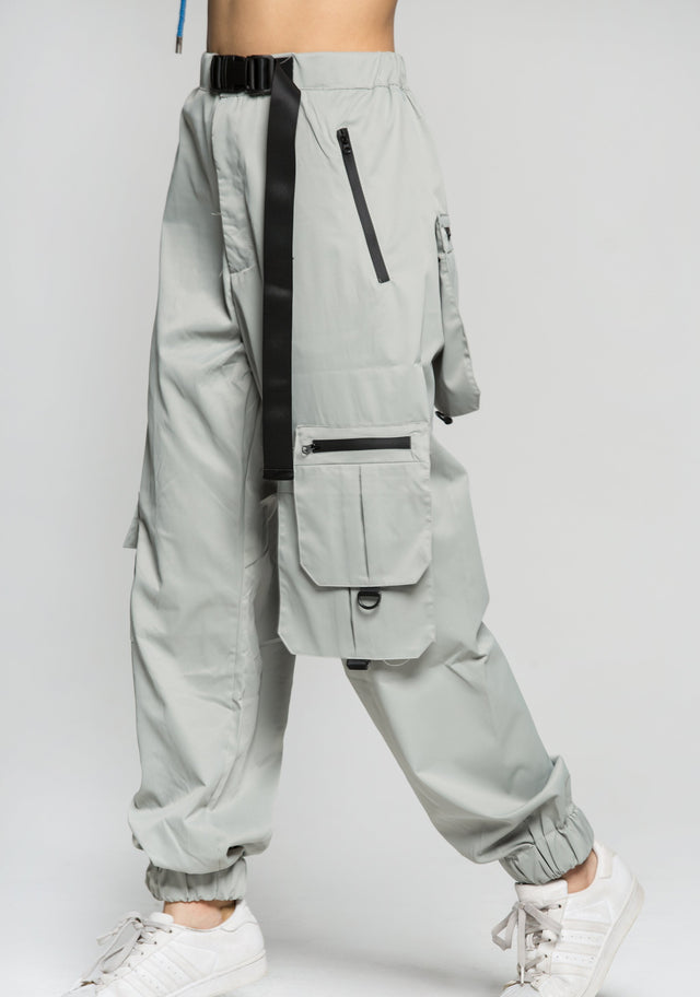 Grey Cargo Pants With Black Buckle Belt - ownthelooks-Development