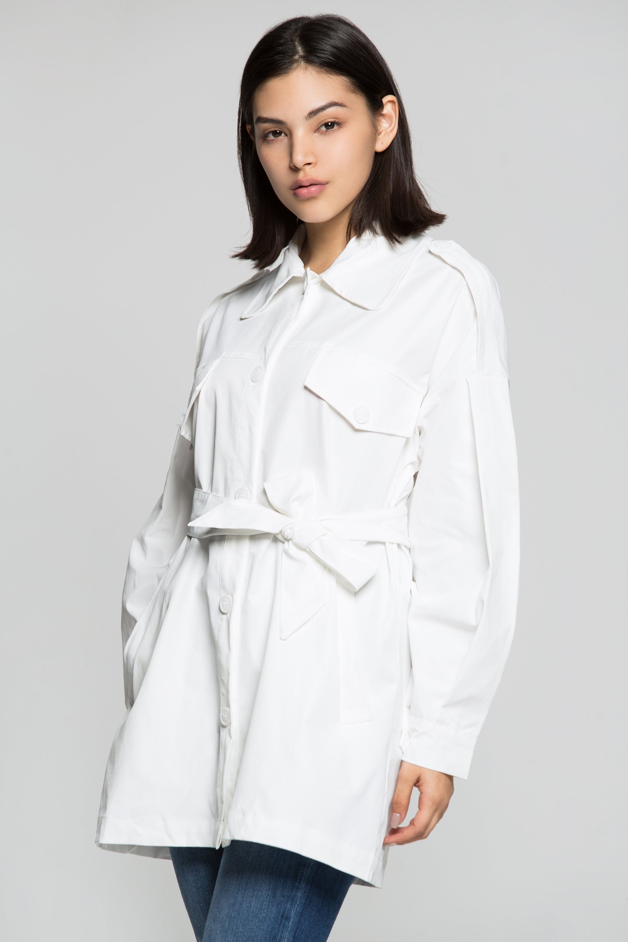 White Solid Jacket Dress and Tie Up Belt - ownthelooks-Development