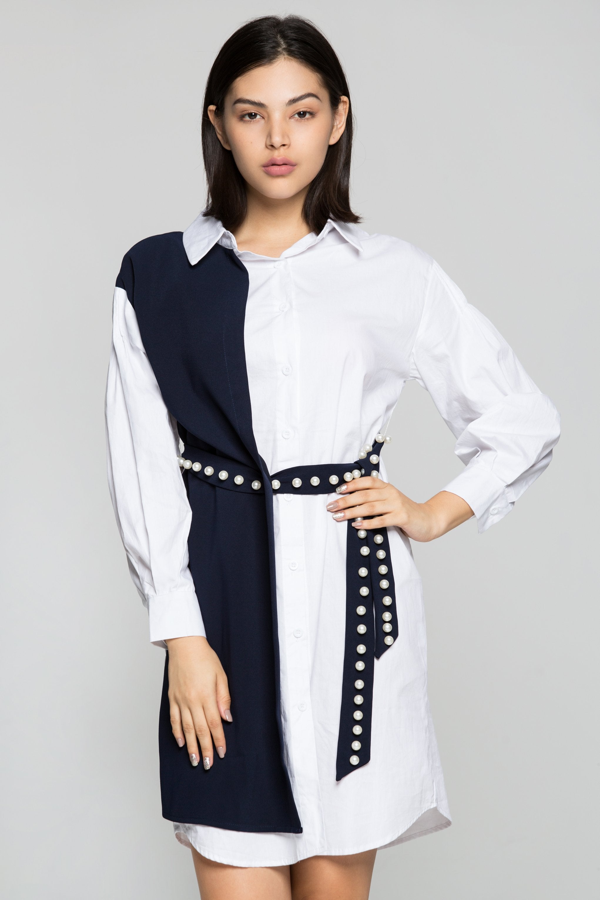 White and Navy Blue Full Sleeves Shirt Dress with Pearl Bow Belt - ownthelooks-Development