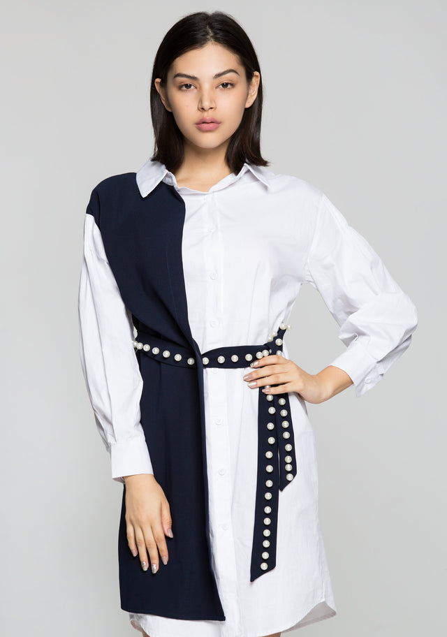 White and Navy Blue Full Sleeves Shirt Dress with Pearl Bow Belt - ownthelooks-Development
