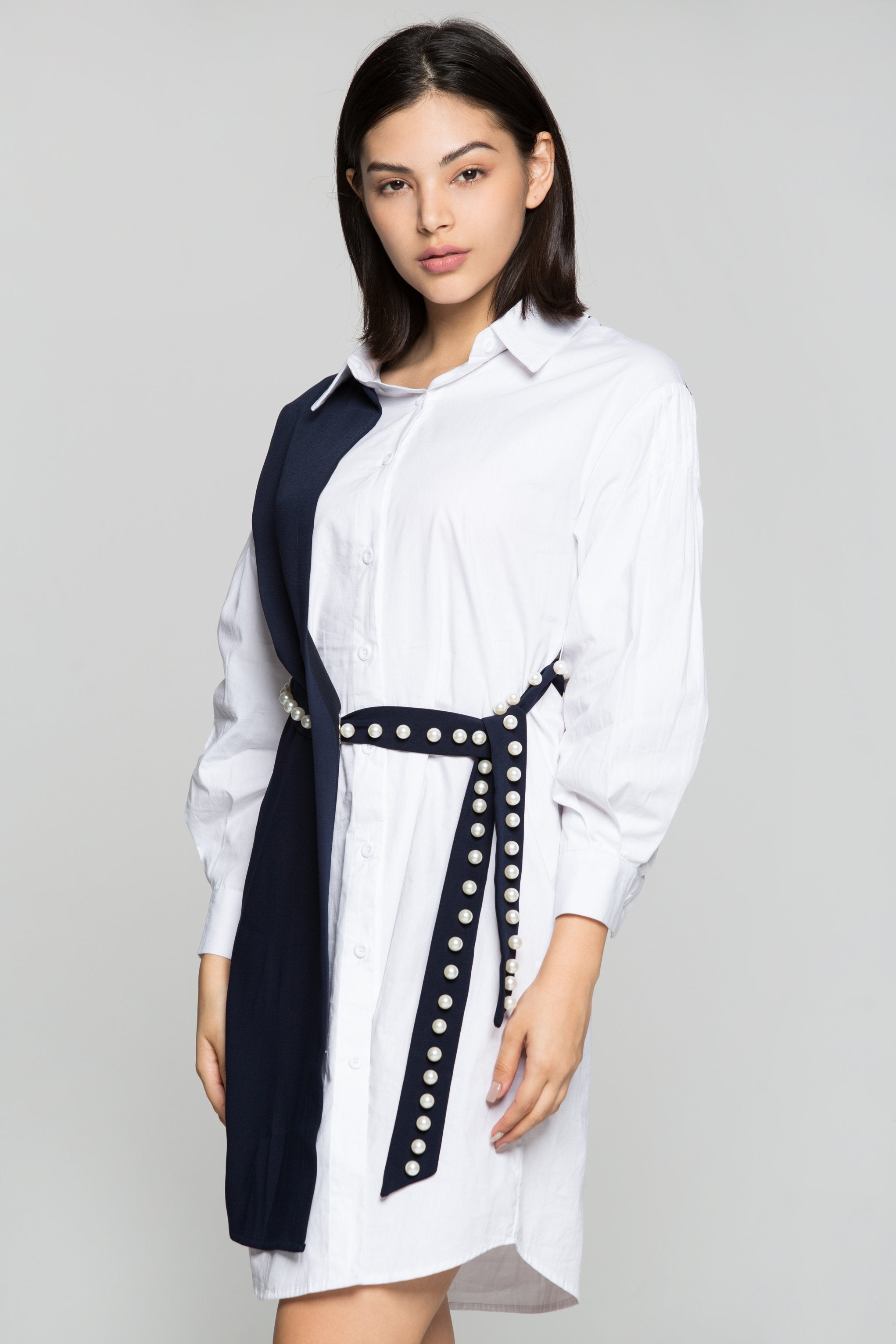 White and Navy Blue Full Sleeves Shirt Dress with Pearl Bow Belt - ownthelooks-Development