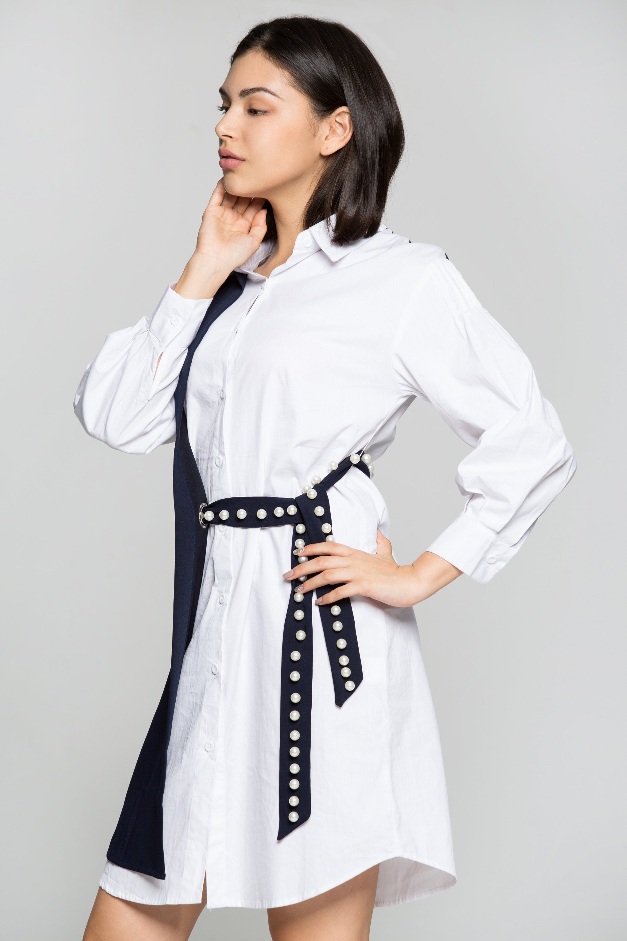 White and Navy Blue Full Sleeves Shirt Dress with Pearl Bow Belt - ownthelooks-Development