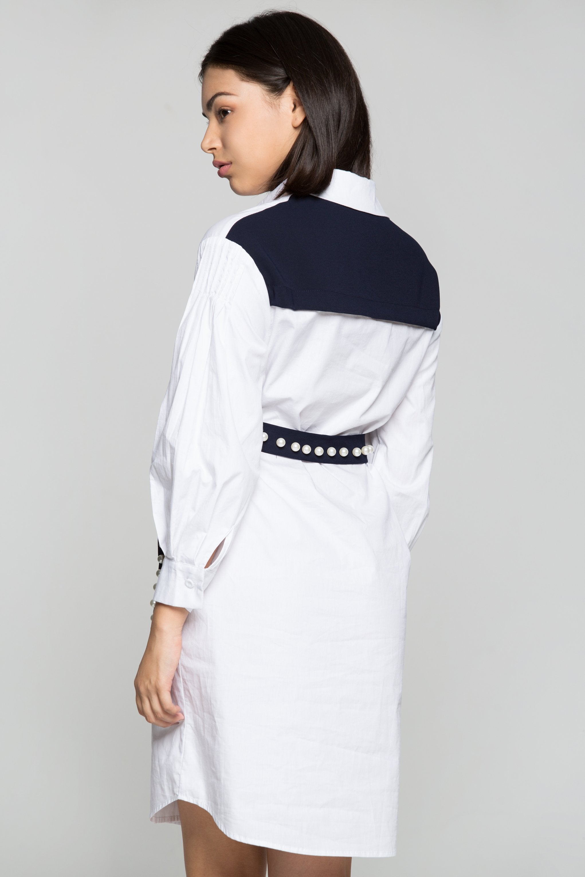 White and Navy Blue Full Sleeves Shirt Dress with Pearl Bow Belt - ownthelooks-Development
