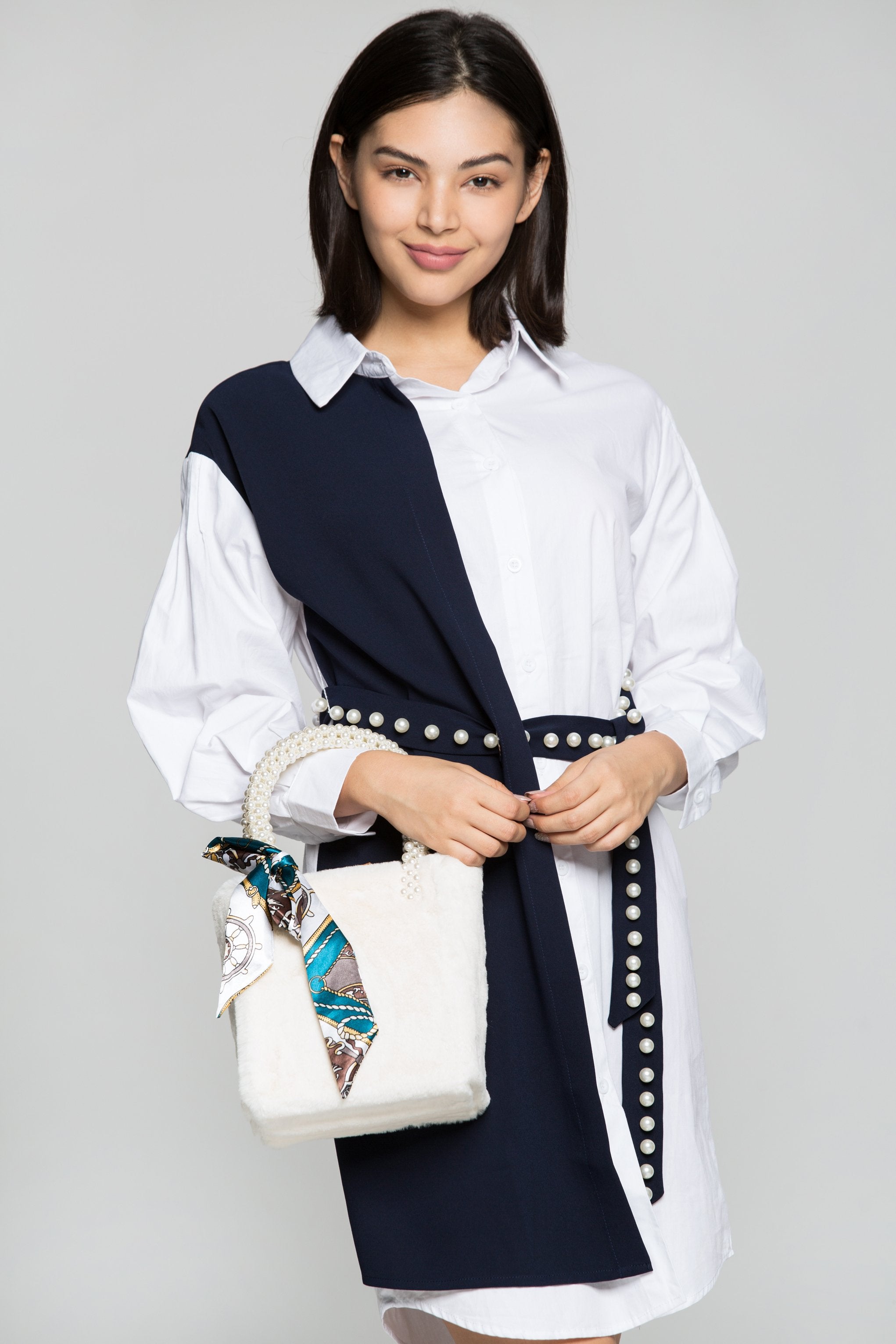 White and Navy Blue Full Sleeves Shirt Dress with Pearl Bow Belt - ownthelooks-Development
