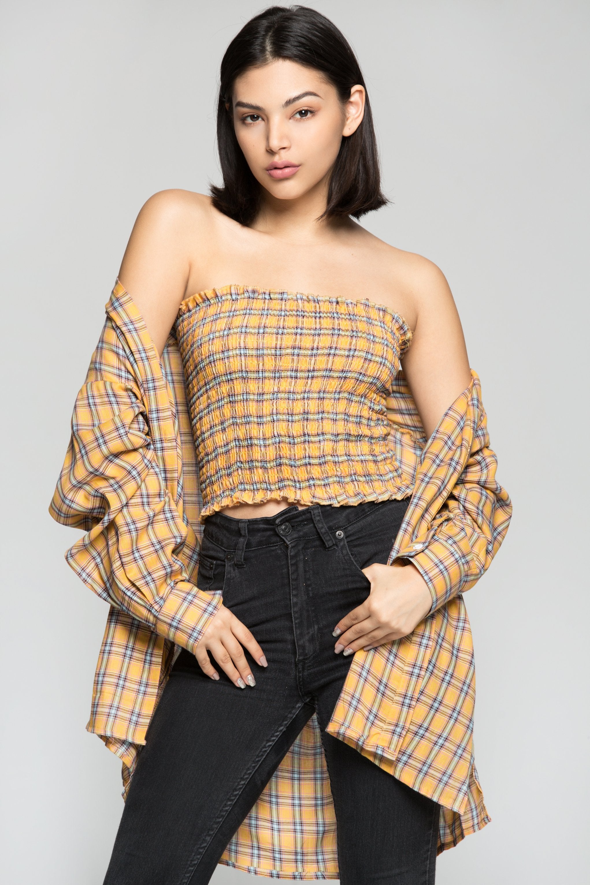 Yellow and Blue Madras Print Long Shirt - ownthelooks-Development