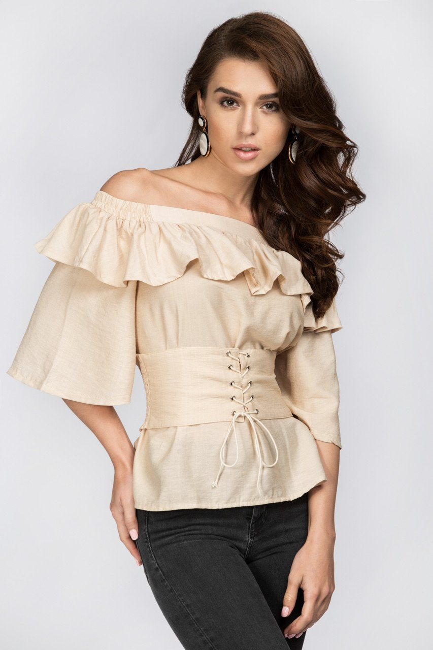 Beige Ruffled Off the Shoulder Corset Top - ownthelooks-Development
