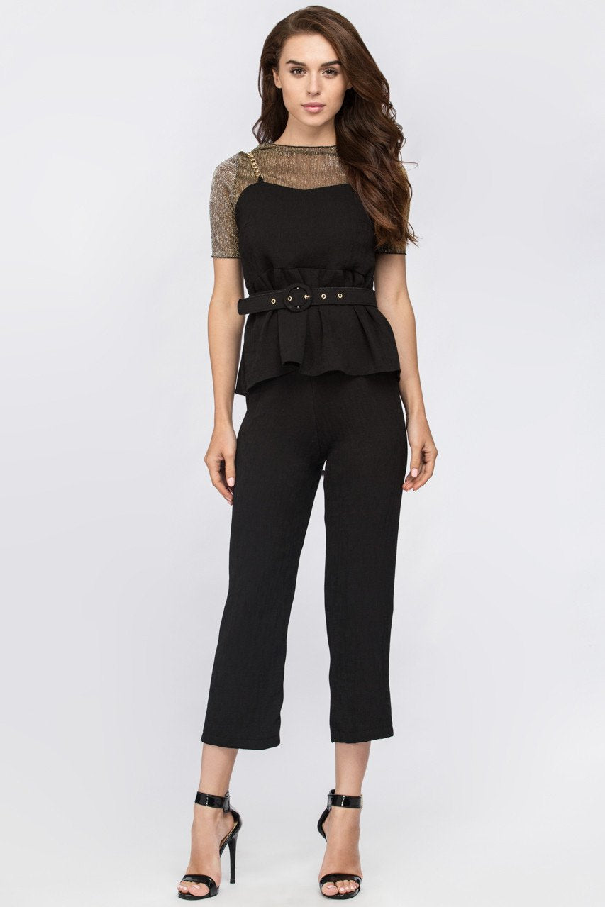 Black Metal Three Piece Peplum Jumpsuit with belt - ownthelooks-Development