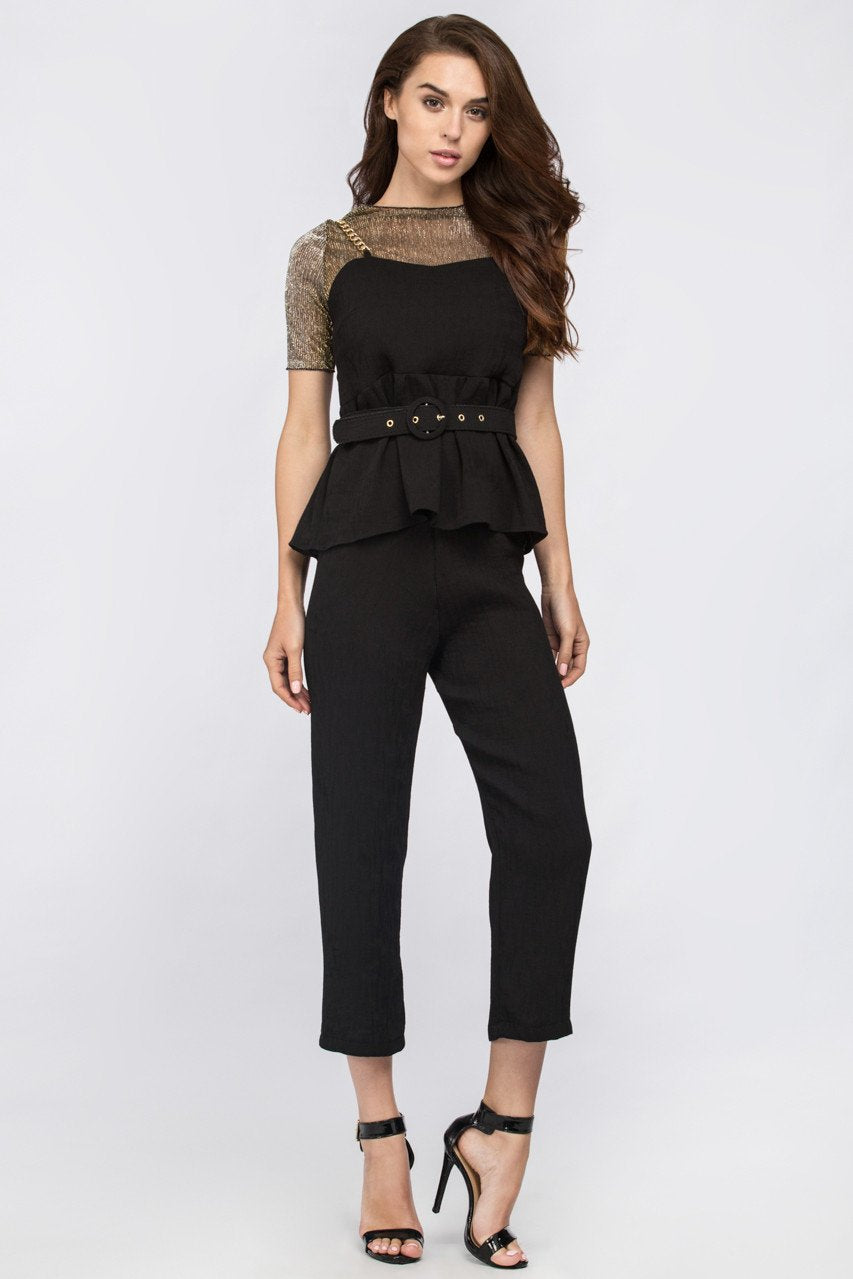 Black Metal Three Piece Peplum Jumpsuit with belt - ownthelooks-Development