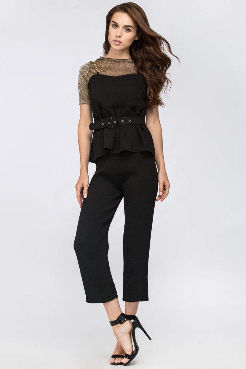 Black Metal Three Piece Peplum Jumpsuit with belt - ownthelooks-Development