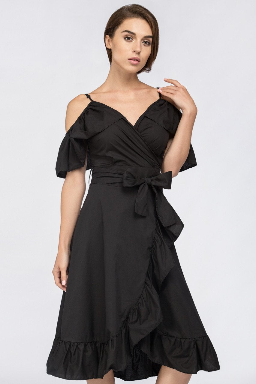 Black Ruffle off the Shoulder Midi Dress - ownthelooks-Development