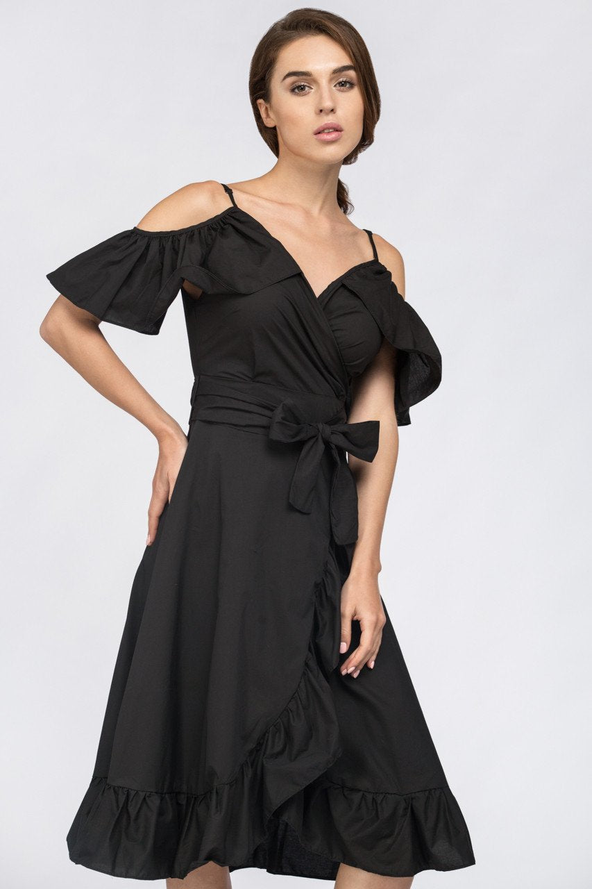 Black Ruffle off the Shoulder Midi Dress - ownthelooks-Development