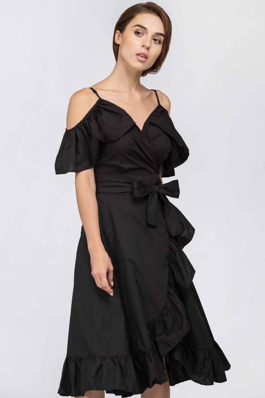 Black Ruffle off the Shoulder Midi Dress - ownthelooks-Development