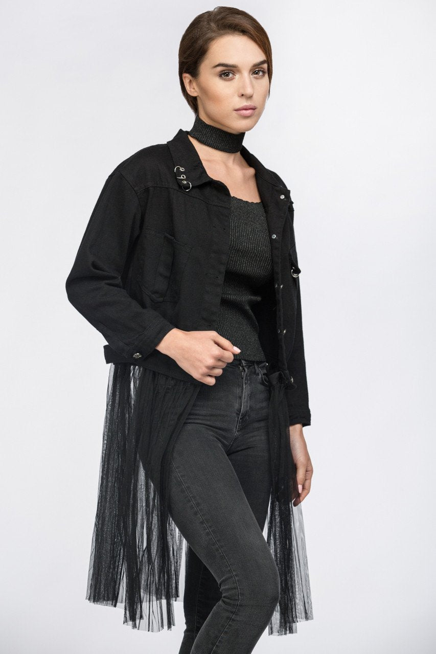 Fatma Husam - Black Two Piece Denim Jacket with Removable Mesh - ownthelooks-Development