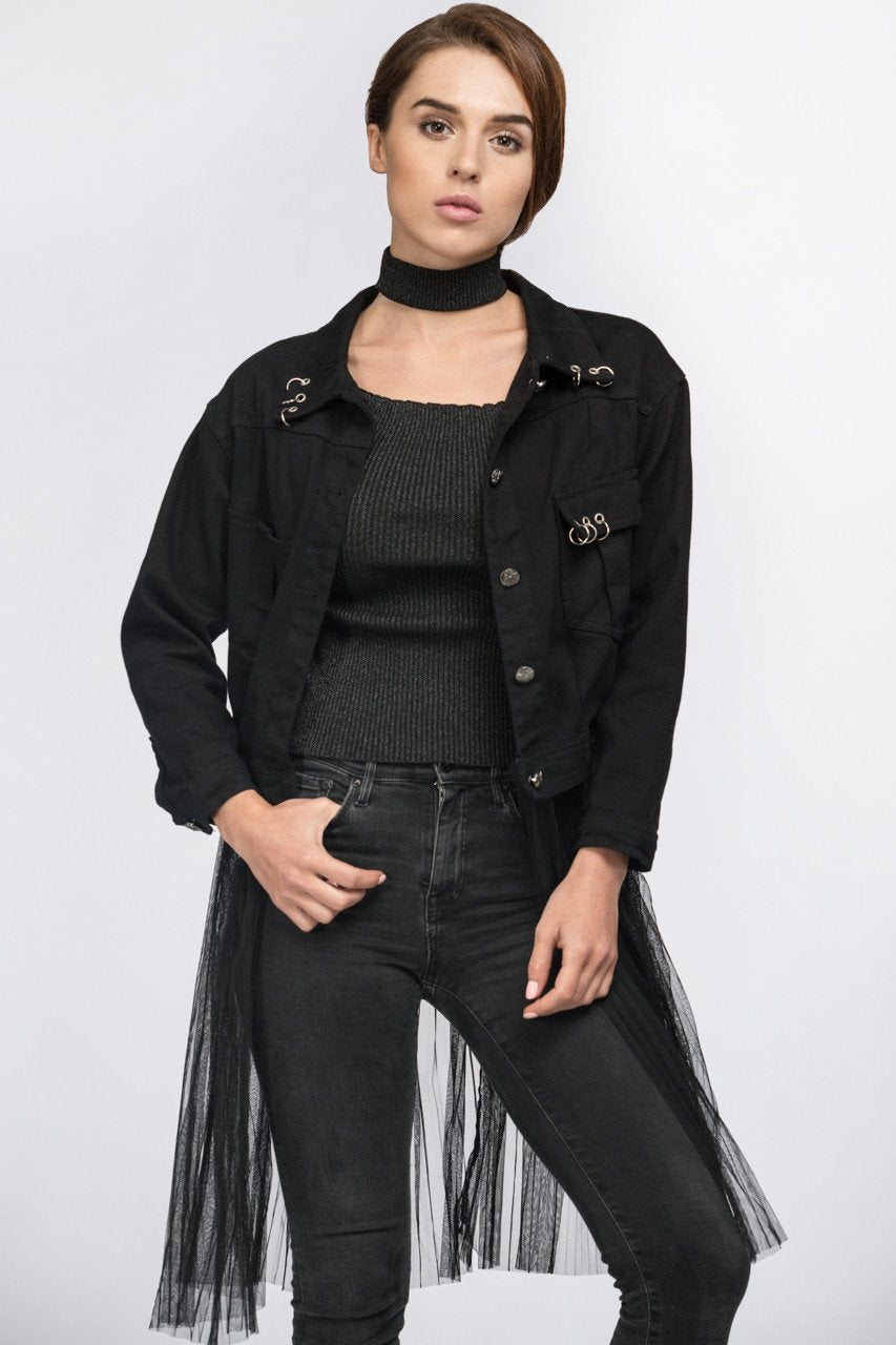Fatma Husam - Black Two Piece Denim Jacket with Removable Mesh - ownthelooks-Development