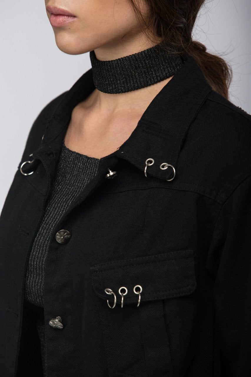 Fatma Husam - Black Two Piece Denim Jacket with Removable Mesh - ownthelooks-Development