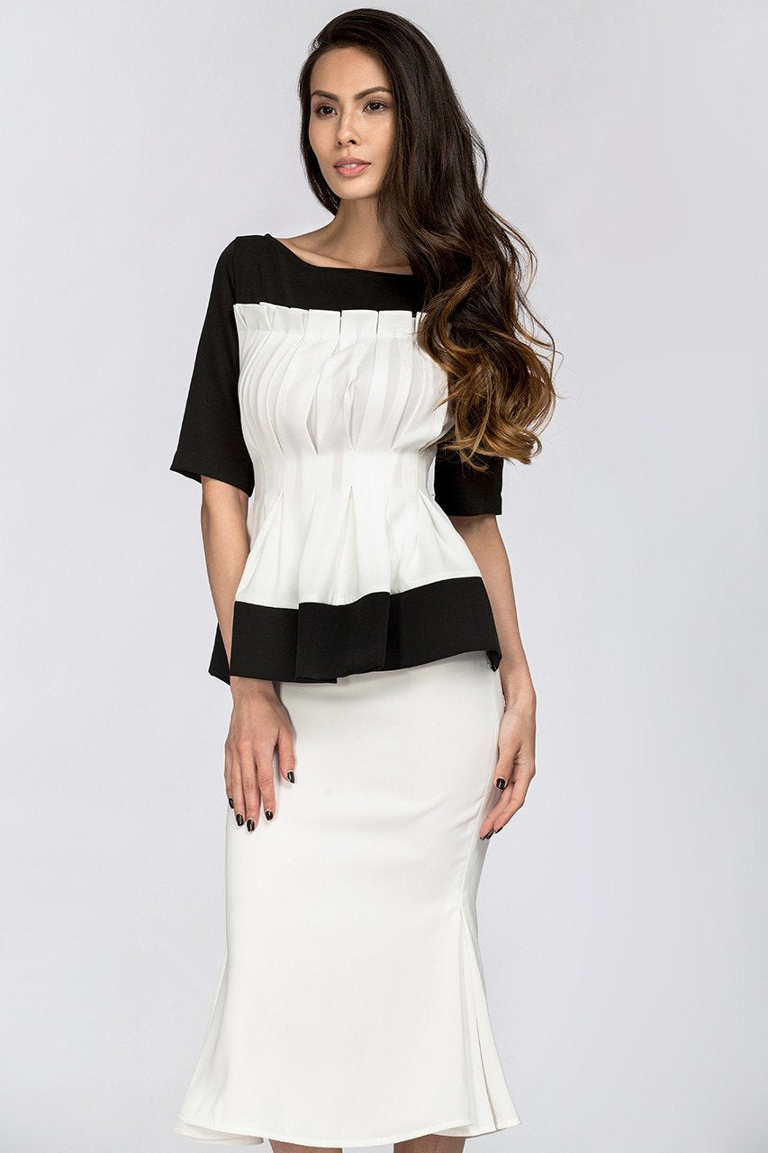 Black & White Boat neck Yoke Peplum Midi Dress - ownthelooks-Development