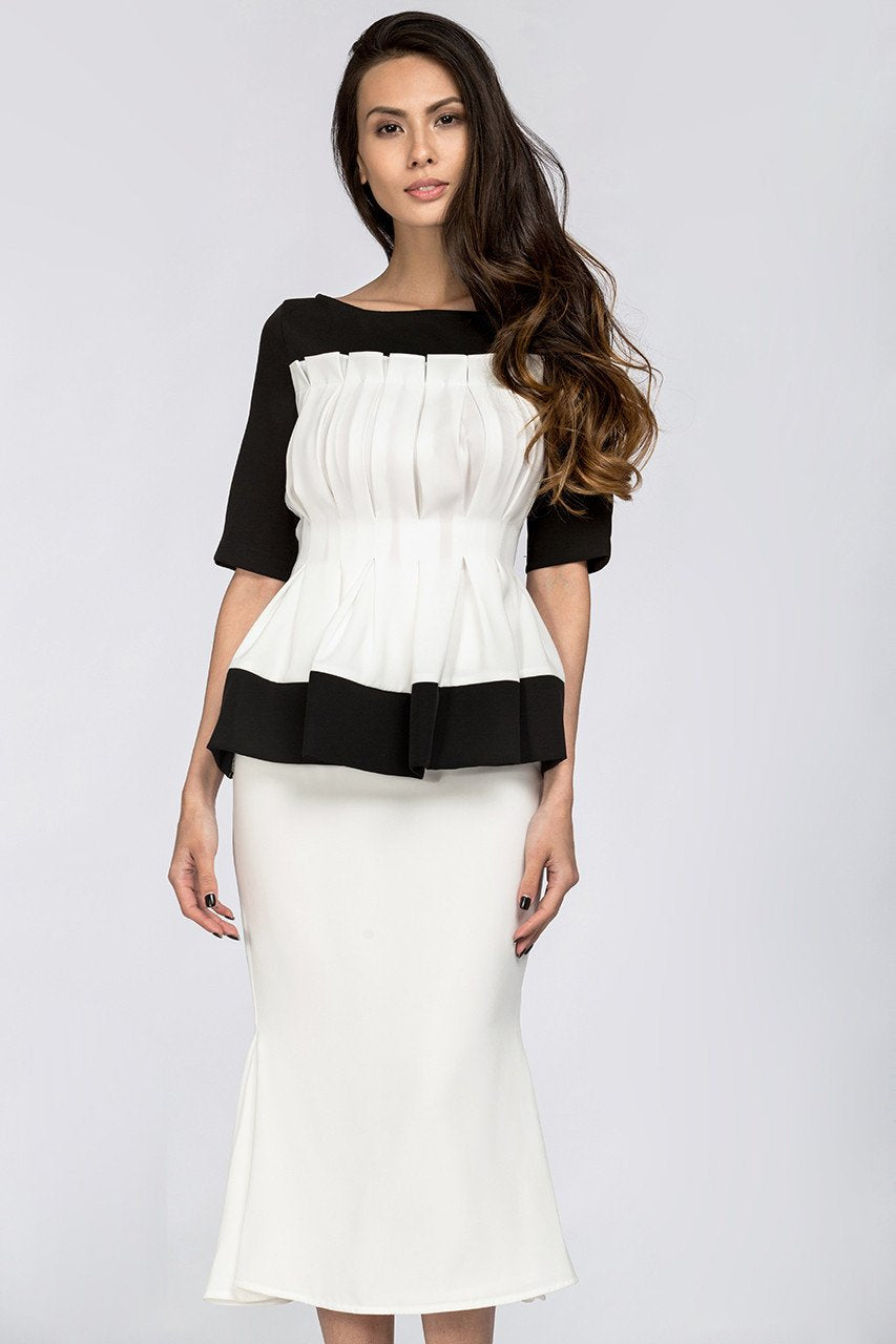 Black & White Boat neck Yoke Peplum Midi Dress - ownthelooks-Development