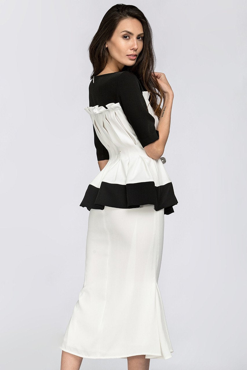 Black & White Boat neck Yoke Peplum Midi Dress - ownthelooks-Development