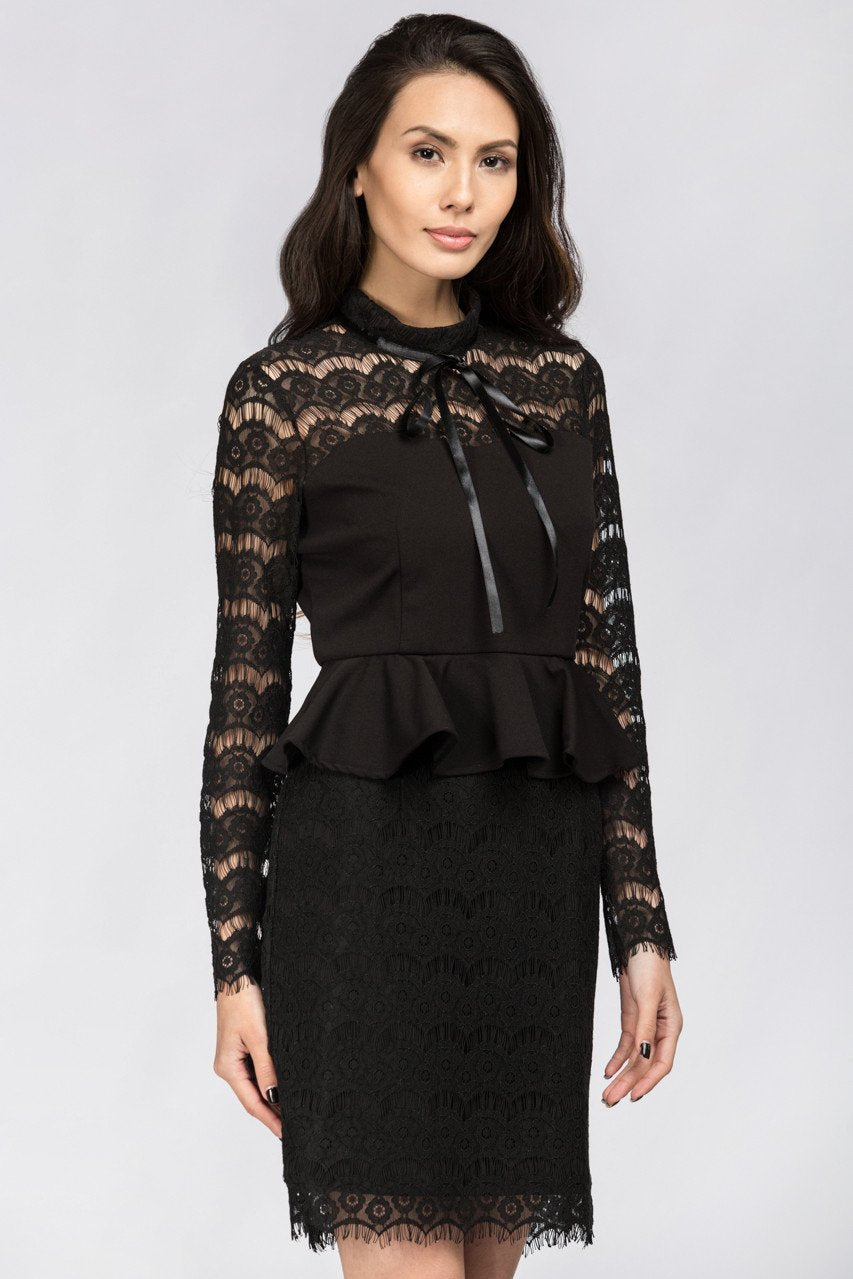 Black Yoke Lace Peplum Mini Dress - ownthelooks-Development
