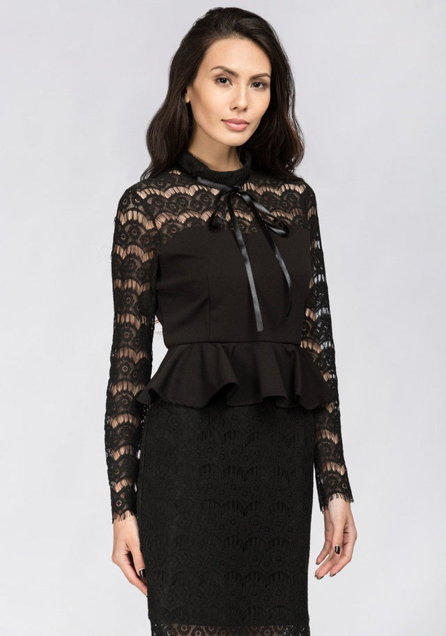 Black Yoke Lace Peplum Mini Dress - ownthelooks-Development