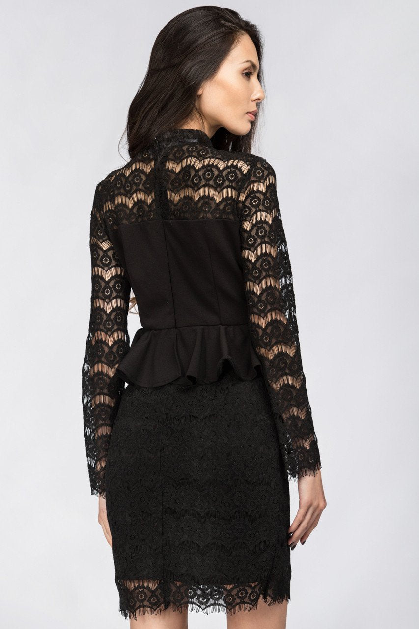Black Yoke Lace Peplum Mini Dress - ownthelooks-Development