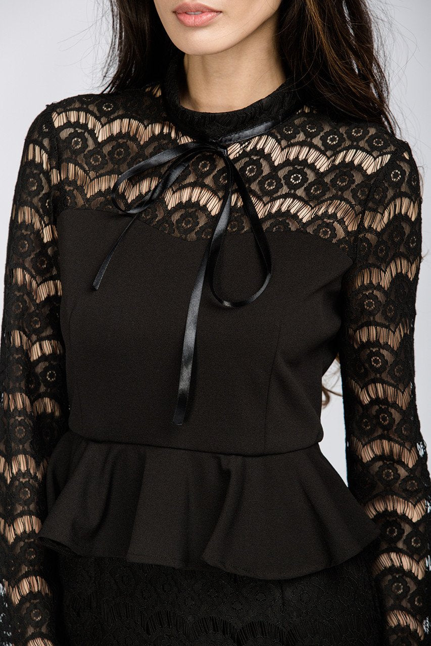 Black Yoke Lace Peplum Mini Dress - ownthelooks-Development