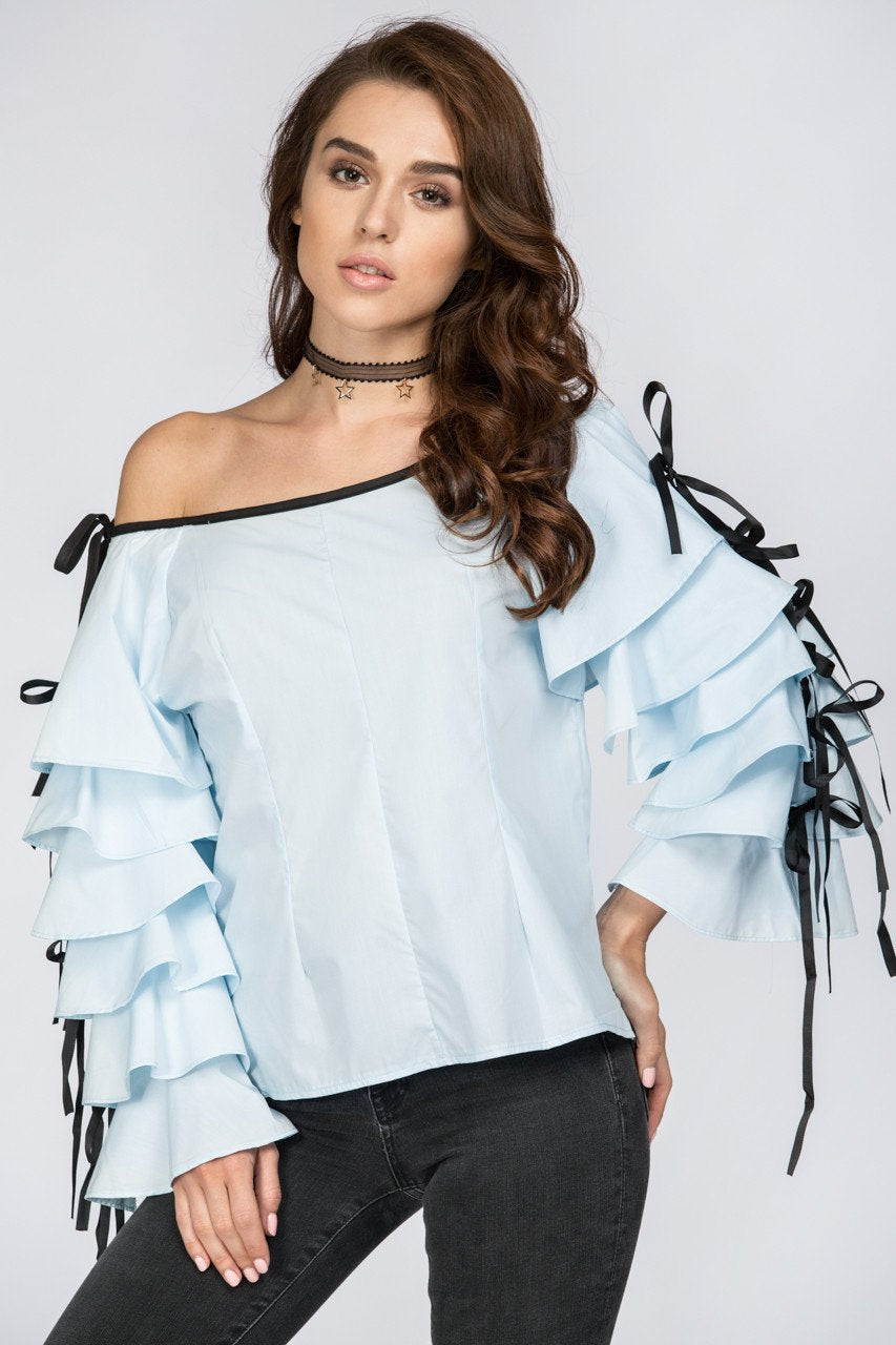 Blue Tiered Ruffle Sleeve Off the Shoulder Top - ownthelooks-Development