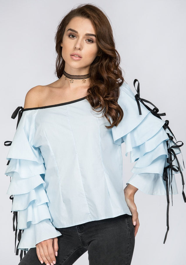 Blue Tiered Ruffle Sleeve Off the Shoulder Top - ownthelooks-Development