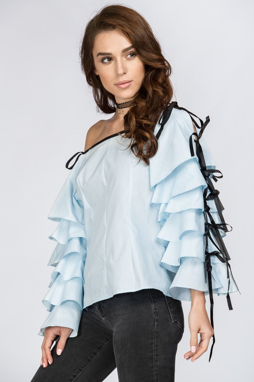 Blue Tiered Ruffle Sleeve Off the Shoulder Top - ownthelooks-Development