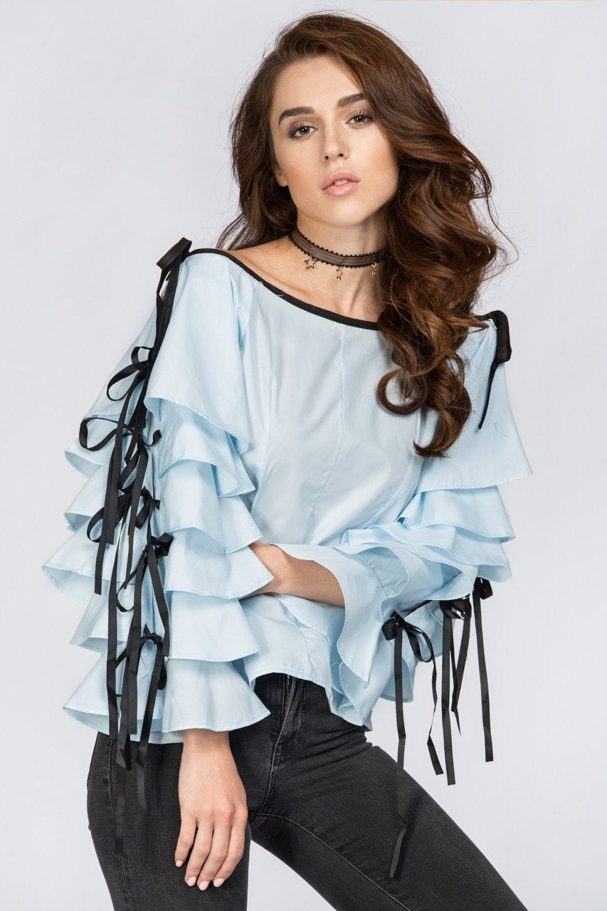 Blue Tiered Ruffle Sleeve Off the Shoulder Top - ownthelooks-Development