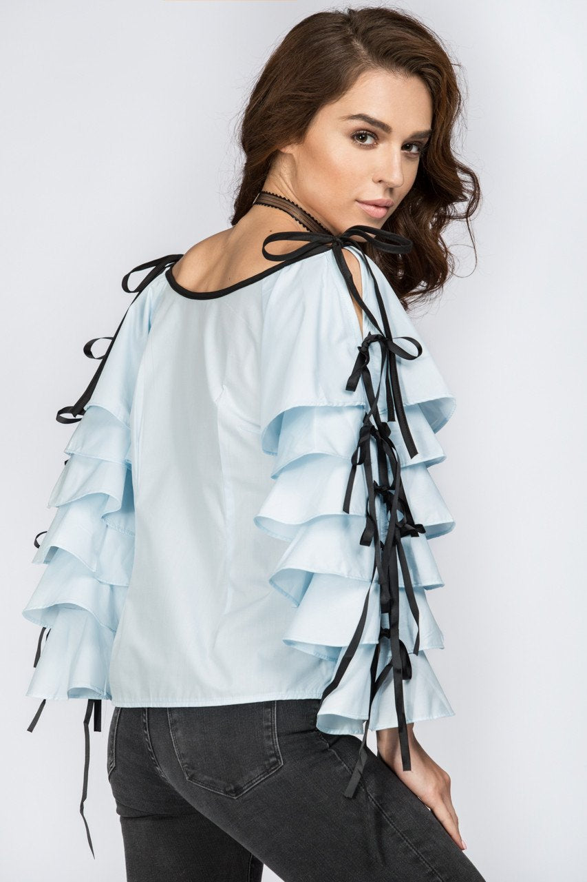 Blue Tiered Ruffle Sleeve Off the Shoulder Top - ownthelooks-Development