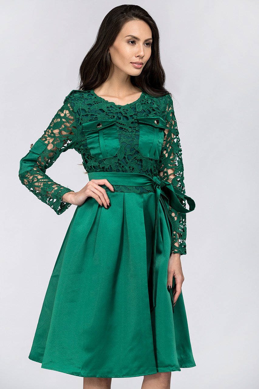 Emerald Green Sleeved Lace and Satin Midi Dress - ownthelooks-Development