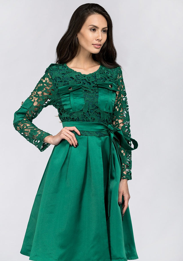 Emerald Green Sleeved Lace and Satin Midi Dress - ownthelooks-Development