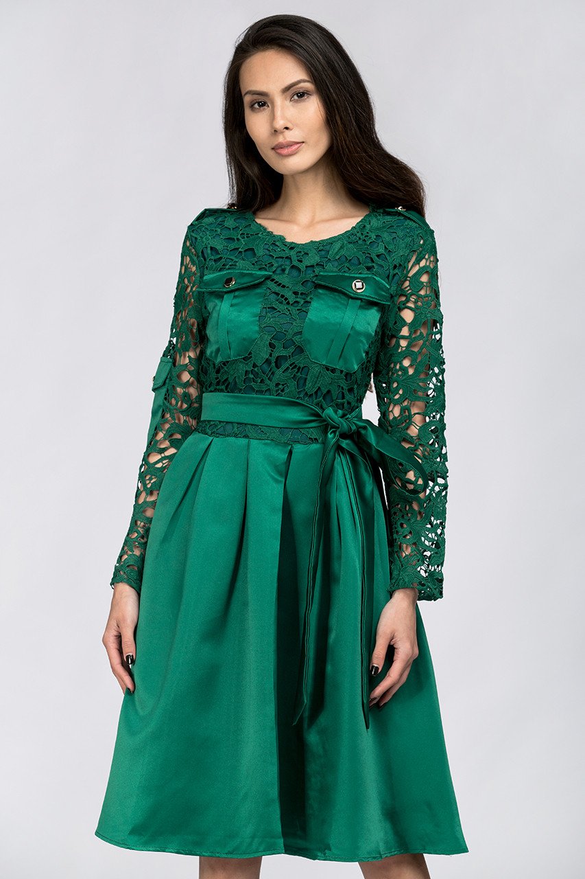 Emerald Green Sleeved Lace and Satin Midi Dress - ownthelooks-Development