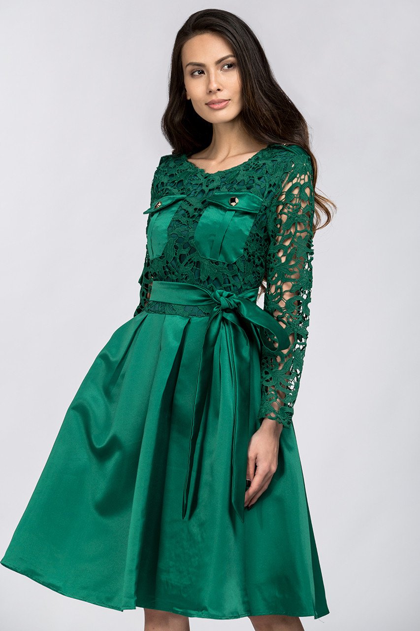 Emerald Green Sleeved Lace and Satin Midi Dress - ownthelooks-Development